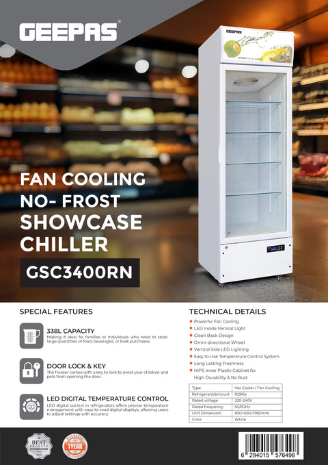 338L Commercial Showcase Chiller | No-Frost, Fan-Cooled, Ultra-Quiet & Low Energy Consumption | Digital LED Display 338 L 180 W GSC3400RN White