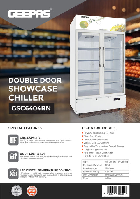 638L No-Frost Double Door Showcase Chiller, Low Noise, Energy-Efficient, LED Digital Temperature Control GSC6404RN white