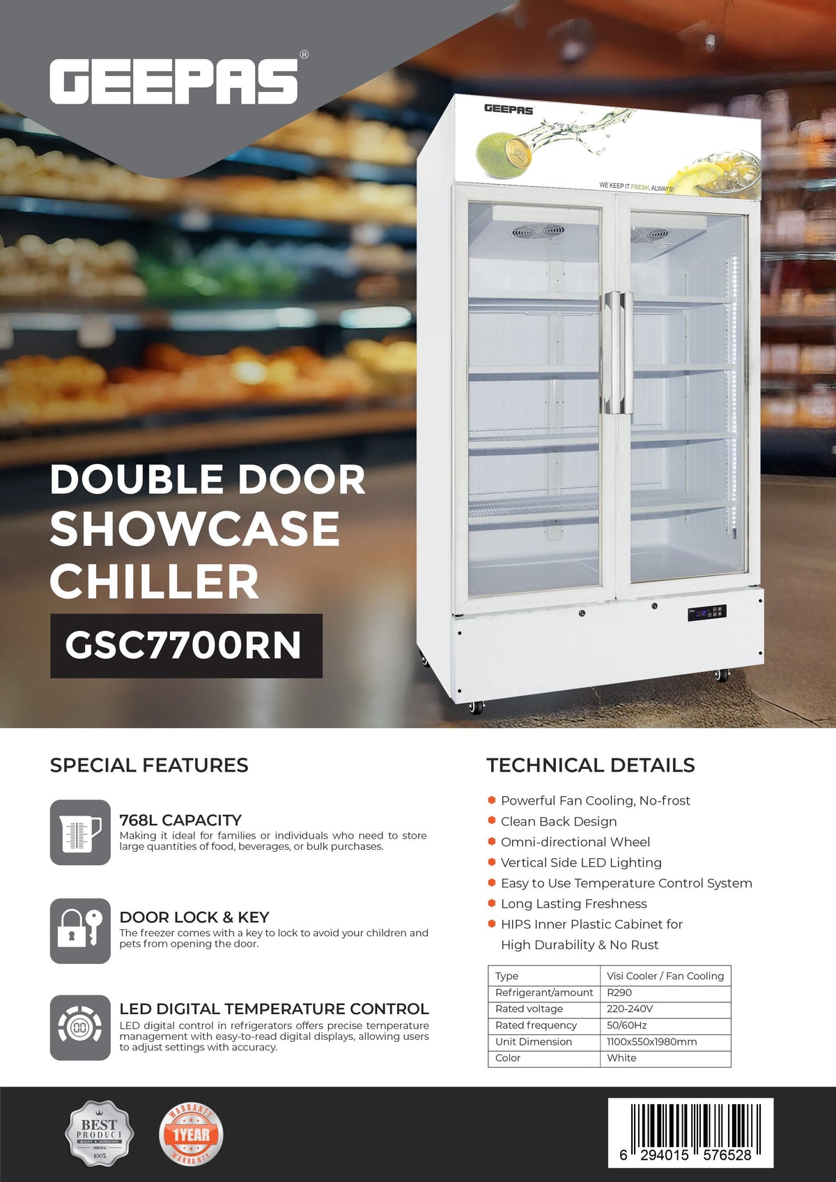 768L Double Door Showcase Chiller | No-Frost Fan Cooling Beverage & Pastry Display Refrigerator | Low Noise & Voltage, Digital Control, White (2-Year Warranty) 768 L 450 W GSC7700RN White