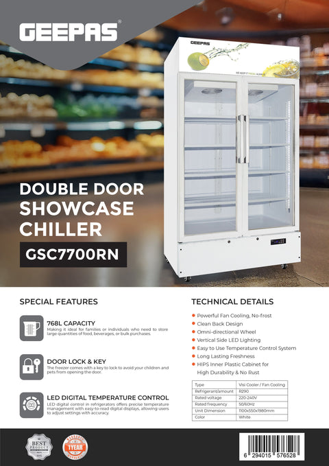 768L Double Door Showcase Chiller | No-Frost Fan Cooling Beverage & Pastry Display Refrigerator | Low Noise & Voltage, Digital Control, White (2-Year Warranty) 768 L 450 W GSC7700RN White