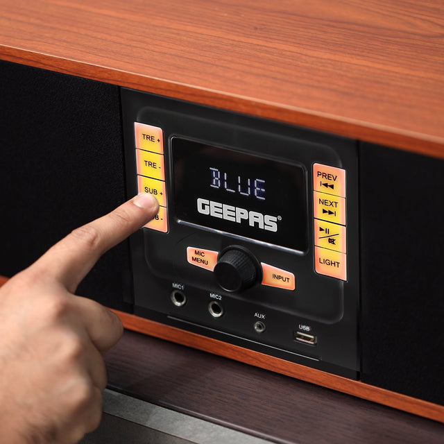 Geepas Wireless Sound Bar Speaker- GSRB150WD/ Bluetooth, AUX IN, USB, Dual MIC Input and FM Radio, with Remote Control and LED Display/ 180W, Perfect for Home Theatre, TV Shows, Games, Movies, Music/ Brown, Wooden Finish, 2 Years Warranty