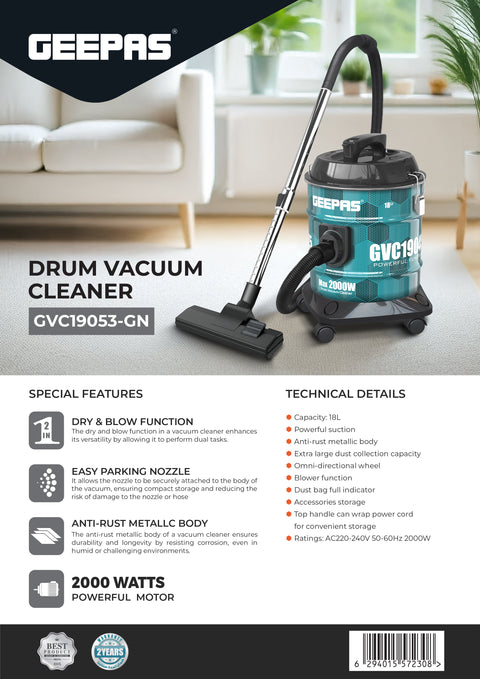 مكنسة كهربائية برميلية - سعة كيس غبار 18 لتر مع هيكل معدني أنيق مقاوم للصدأ، قوة شفط عالية، خاصية التنظيف الجاف والنفخ، مؤشر امتلاء الغبار، مثالية للمنازل والمكاتب والشقق، 18 لتر، 2000 واط، GVC19053-GN، لون أزرق/أسود