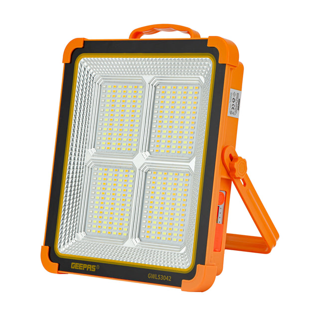 Geepas Rechargeable LED Work Light with Solar Panel- GWL53042/ 448 PCS LEDs, 1500 lm, White, Warm, Blue and Red Lights/ Long Service Life, Good Stability, Energy Saving/ 2 Year Warranty, Orange