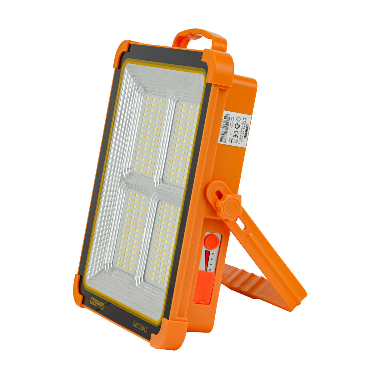 Geepas Rechargeable LED Work Light with Solar Panel- GWL53042/ 448 PCS LEDs, 1500 lm, White, Warm, Blue and Red Lights/ Long Service Life, Good Stability, Energy Saving/ 2 Year Warranty, Orange