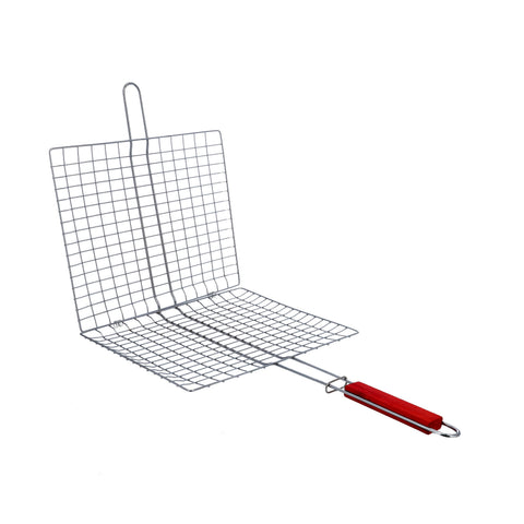 Barbeque Grill Chromium Plated Iron, RF10382 - Wooden Handle, Folding Portable BBQ Grill Basket for Fish Vegetables Shrimp, Larger Grilling Area Silver/Red