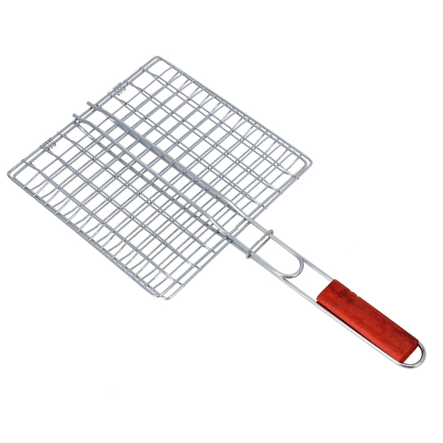 RF10383 Barbecue Grill Basket | Chromium Plated Iron BBQ Grill with Wooden Handle | Folding Portable Grill Rack for Fish, Meat, Vegetables & Seafood | Outdoor Camping & BBQ Tool