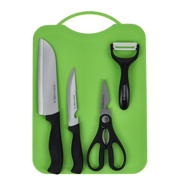 5-Piece Stainless Steel Kitchen Gadget Set Includes 2 Knife Set 1xPeeler 1xScissor And Cutting All-In-1 Kitchen Set Black/Green/Silver