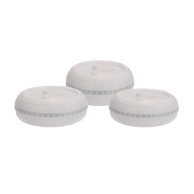 3 Piece Zoria Insulated Casserole Pp Body With Stainless Steel Inner Casting Hotpot Comes In Small Medium And Large Sizes Ivory with Golden Border, White with Silver Border