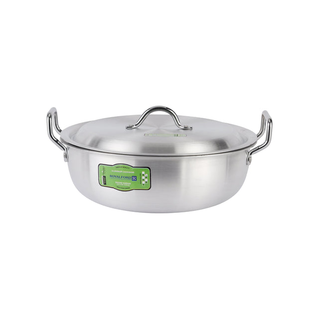 Royalford 30 CM Aluminum Wok Pan with Lid- RF11205-30| Stylish Design with Stainless Steel Handles| Karahi Perfect for Deep and Shallow Frying| Silver