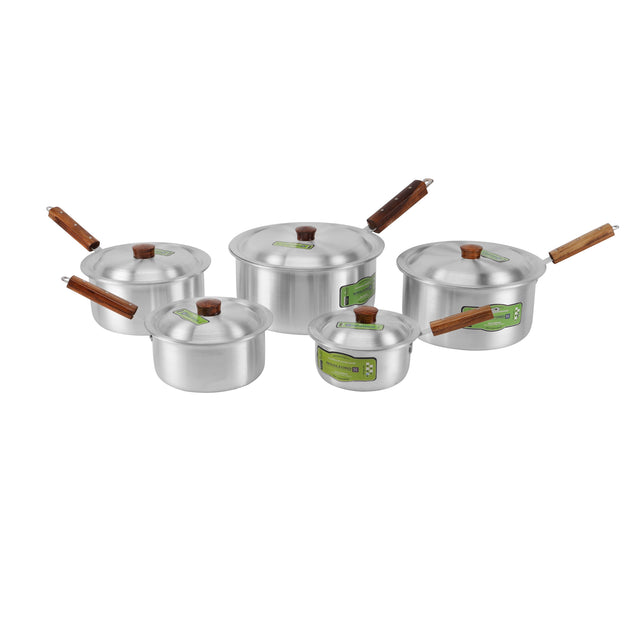 Royalford 10-Piece Aluminium Saucepan Set- RF11206| Saucepan with Lid| Premium-Quality Aluminium Saucepan with Wooden Handle Aluminium