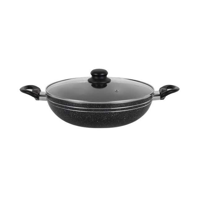 Royalford Elight Series 28 cm Aluminum Wokpan with Nonstick Coating- RF11885/ with Tempered Glass Lid and Soft Touch Bakelite Handles Black