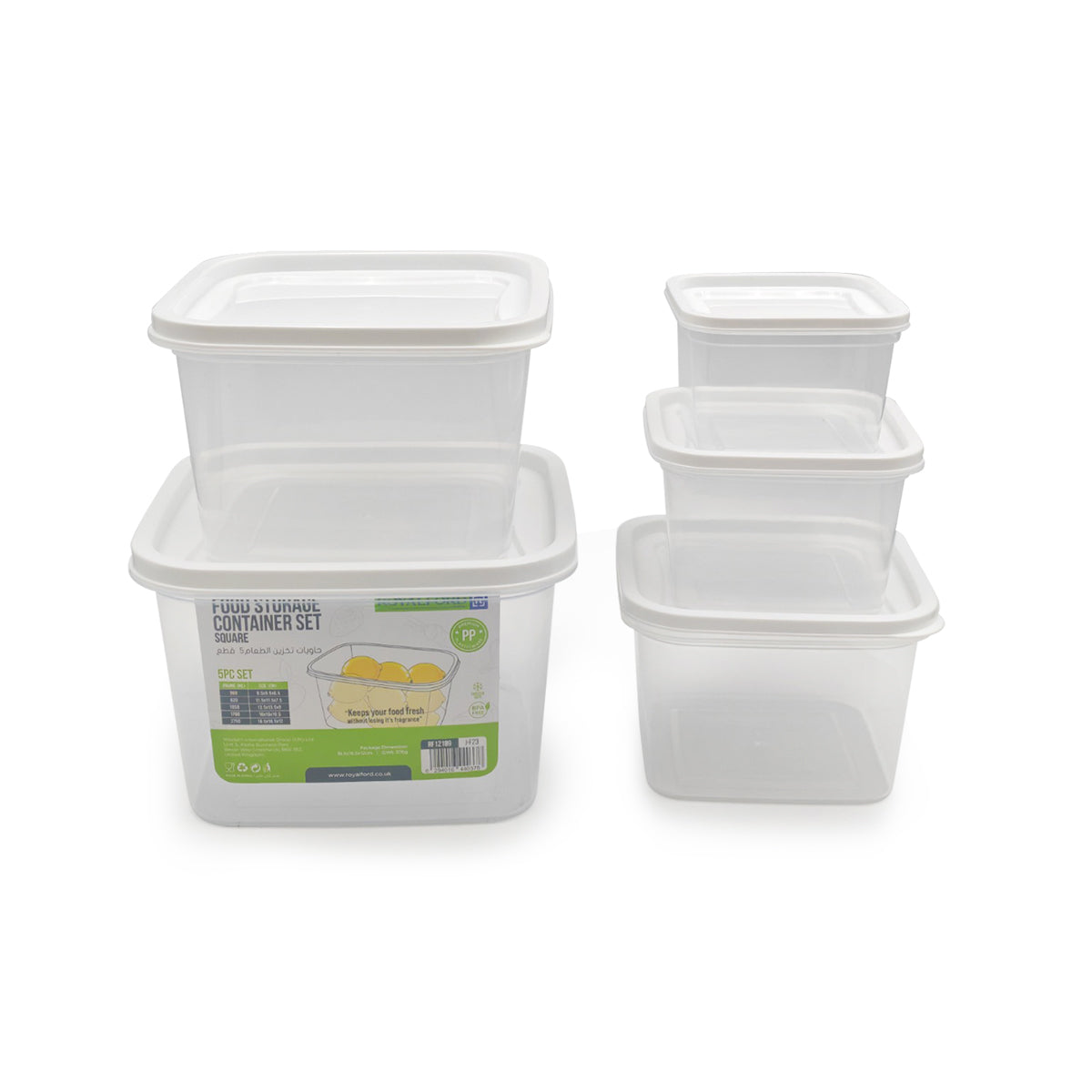 Royalford 5 Pieces Square Plastic Food Storage Containers - Rf12189 |360Ml, 620Ml, 1050Ml, 1700Ml, 2750Ml, Leak-Proof, Leftovers, Marinades, And Dough, White With Transparent Body. Clear & White