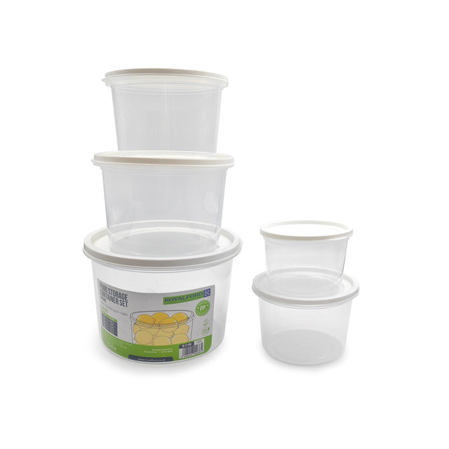 Royalford Round Plastic Food Storage Container- RF12190/ Pack of 5 Containers, 450 ml, 700 ml, 1100 ml, 1800 ml, 2800 ml/ Leakproof Box for Food, Leftover, Marinades, Dough, etc., for Kitchen Organization/ White with Transparent Body