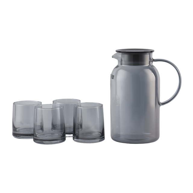 5-Piece Water Jug and Cup Set Includes 1800 ml Carafe and 4 260 ml Glasses with Lid clear