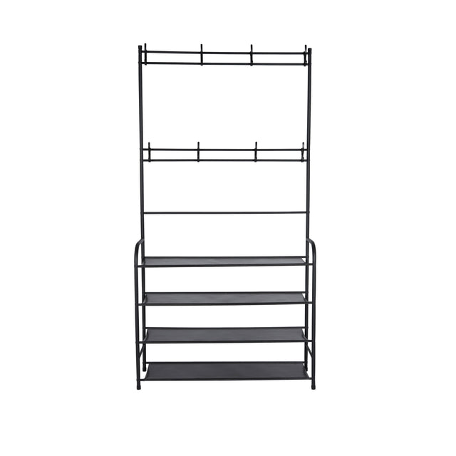 Royalford Cloth Hanger with Shoe Rack- RF12423/ with Hooks and Layers, Large Storage/ Powder Coated Iron Construction, Perfect for Hanging Clothes, Coats, Skirts, Shirts, Sweaters, Organizing Shoes, Heels, Boxes, etc./ Black