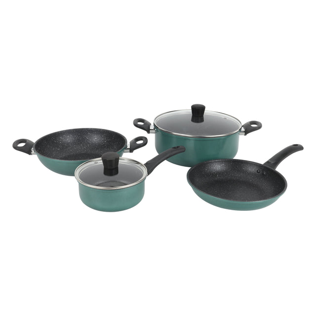 Royalford Daisy 6-piece Forged Aluminum Cookware Set- RF12629/ Durable Nonstick Granite Coating with 5-Layer Construction, Dot Induction Bottom and Glass Lid/ Includes Kadai, Casserole, Saucepan, Fry Pan Turquoise
