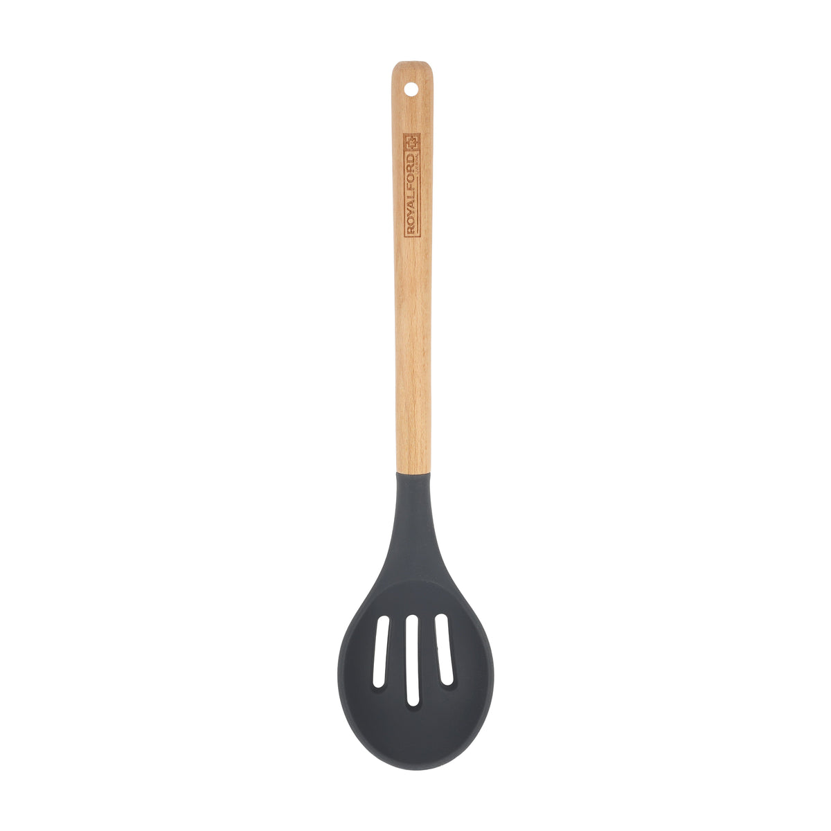 Royalford Silicone Slotted Spoon with Wooden Handle | RF12744 | Heat-Resistant, Food-Grade Kitchen Spoon | 37 cm | Brown & Grey