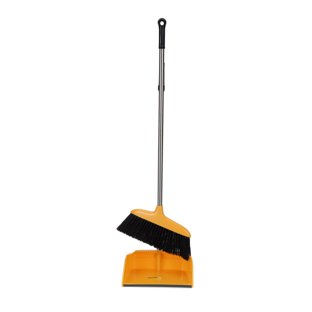 Long Handle Dustpan & Broom Set | Upright Standing Cleaning Set | Yellow & Black