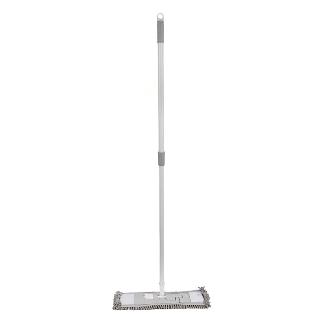 Royalford 40 cm Microfiber Flat Mop- RF12846/ for Dry and Wet Cleaning, with a Long Handle, Flexible Head/ Suitable for All Floor Types, Glass, Ceiling and Walls/ High Water Absorbency and Faster Dehydration/ White and Grey