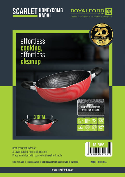 Royalford 26 cm Scarlet Honeycomb Kadai- RF12893/ Nonstick Interior Perfect for Sauting, Frying, Stir Frying, etc./ Equipped with Strong and Sturdy Bakelite Handles, Kitchen Use, Versatile and Strong Aluminum Construction/ Red