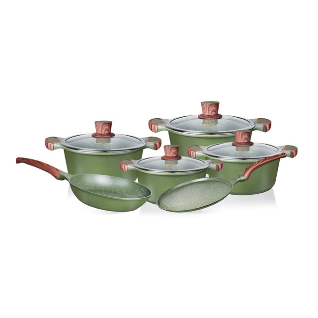 10pcs Kitchencraft Die-Cast Aluminum Cookware Set RF12951 Granite Coated 4mm Induction Base, Wood-Finish Handles Tempered Glass Lid Assorted Color Sets Assorted Sets 10Count