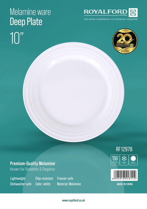 Royalford 10" Melamineware Deep Dinner Plate- RF12978/ Light-Weight and Food-Grade Plate/ Elegant and Durable, Freezer and Dishwasher Safe/ Perfect for Serving Food, Pasta, Noodles, Rice Meals, etc./ White