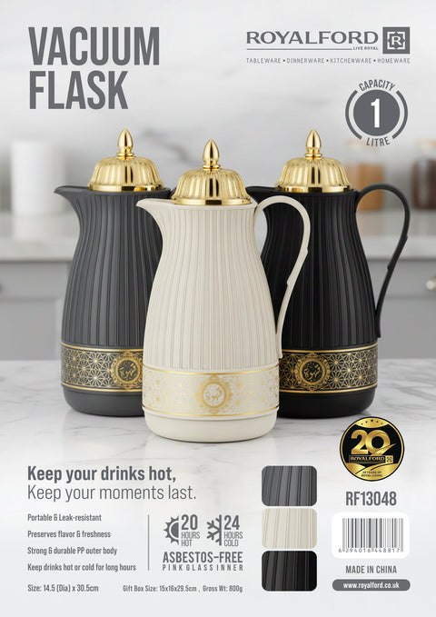 1L Vacuum Flask with Glass Inner – Hot & Cold Arabic Coffee Thermos, Leak Resistant Insulated Flask for Tea & Coffee, 24 Hours Cold & 20 Hours Hot black