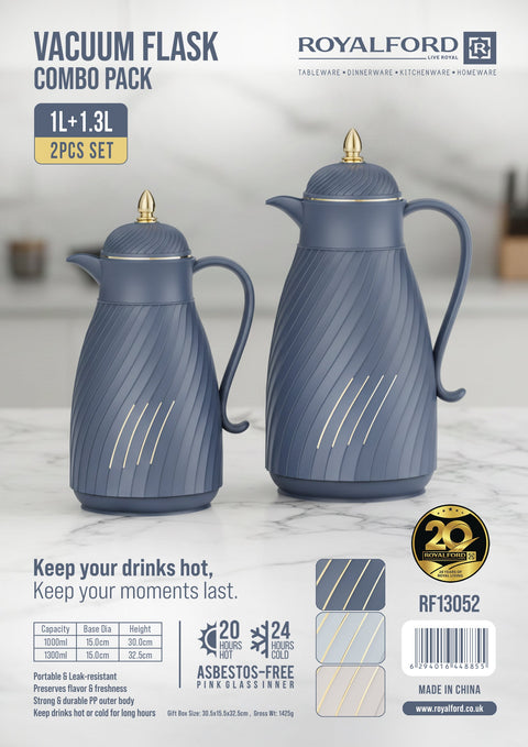 Vacuum Flask 2-Piece Set (1L + 1.3L) | Insulated Hot & Cold Thermos with Asbestos-Free Pink Glass Inner | Keeps Drinks Hot 20 Hours & Cold 24 Hours | Premium Serving Flask Set Blue and Gold