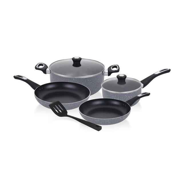 7-Piece Granite Nonstick Cookware Set with Frying Pans, Saucepan & Casserole | Induction Compatible Aluminum Cookware with Tempered Glass Lid | Durable Non-Stick Kitchen Cooking Set Granite Grey