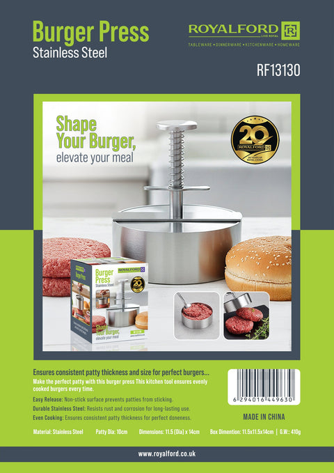 Royalford Burger Press- RF13130/ Stainless Steel, 10 cm Patty Sizing, Even Cooking, Easy Release Mechanism, Plunger-Style Handle/ Perfect for Veggie or Chicken Patties, for kitchen use, barbecues, picnics, etc./ Silver