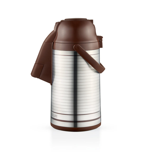 Royalford 3.0 L Aero Airpot Flask- RF13257/ 360-Degree Rotating Base, Asbestos-Free Glass Inner/ Keeps the Drink Hot for 18 Hour and Cold for 24 Hours/ Suitable for Indoor and Outdoor Use/ Brown and silver