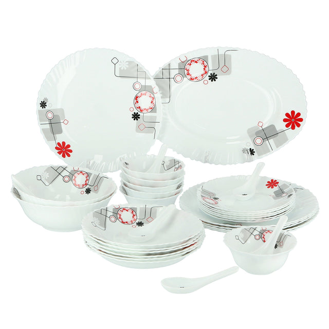 33-Piece Opal Ware Dinner Set Assorted Design| Elegant Floral Design Plates, Bowls & Spoons | Heat-Resistant, Lightweight & Durable Tableware for Home, Family Gatherings & Restaurants Red/Green