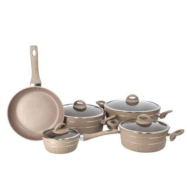 9-Piece Smart Non-Stick Cookware Set RF9555BGE – 5-Layer Granite Coating, High-Quality Forged Aluminium Construction, Scratch Resistant, Tempered Glass Lids, Bakelite Handles, 3.8mm Thick Induction Base – Compatible with All Hob Types Beige