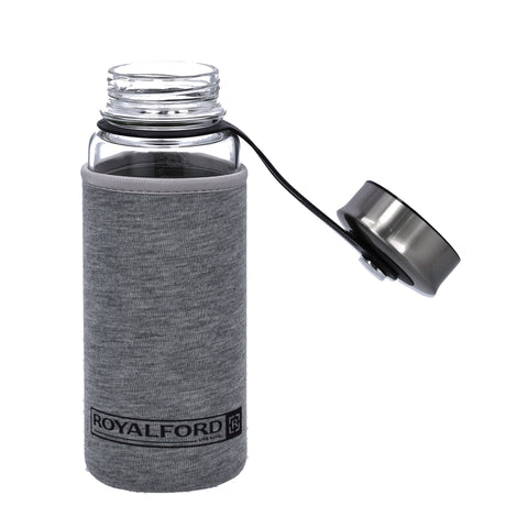 Royalford RF9695 800ML Glass Water Bottle with Neoprene Bag - Portable Steel Cap Lead-Free, Travel Flask | Air Tight | Microwave Safe, Dishwasher Safe | Leak-Proof Lids, | Ideal for Indoor & Outdoor