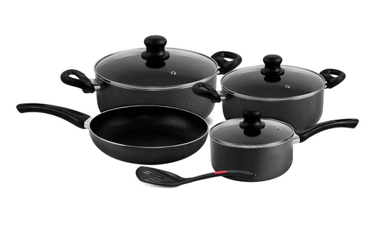 8-Piece Ceramic Cookware Set Black Fry Pan 24, Saucepan 18, Small Casserole 20, Big Casserole 24cm