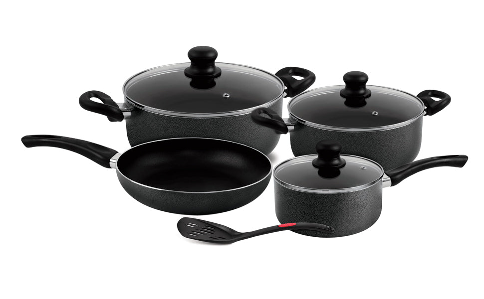 8-Piece Ceramic Cookware Set Black Fry Pan 24, Saucepan 18, Small Casserole 20, Big Casserole 24cm