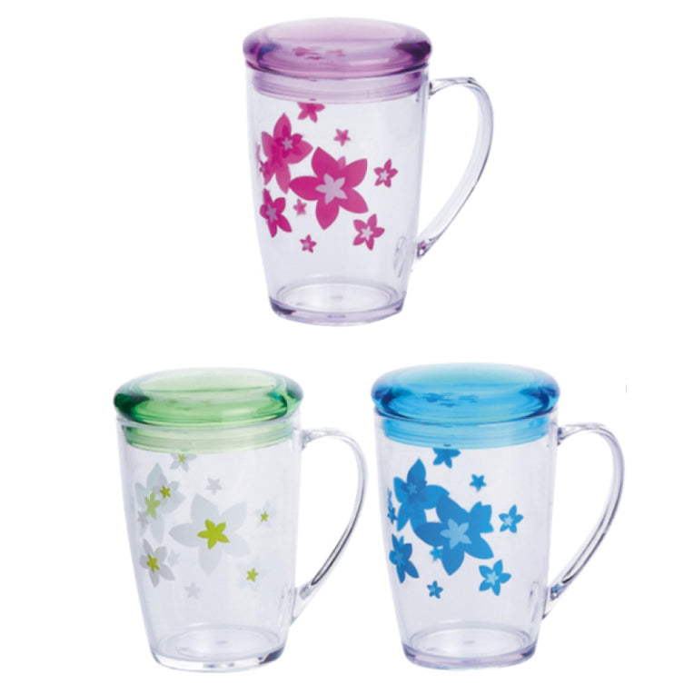 RF5656 350ml Acrylic Coffee Mug with Lid | Floral Design Travel Mug | Lightweight Reusable Cup with Handle | Hot & Cold Drink Mug