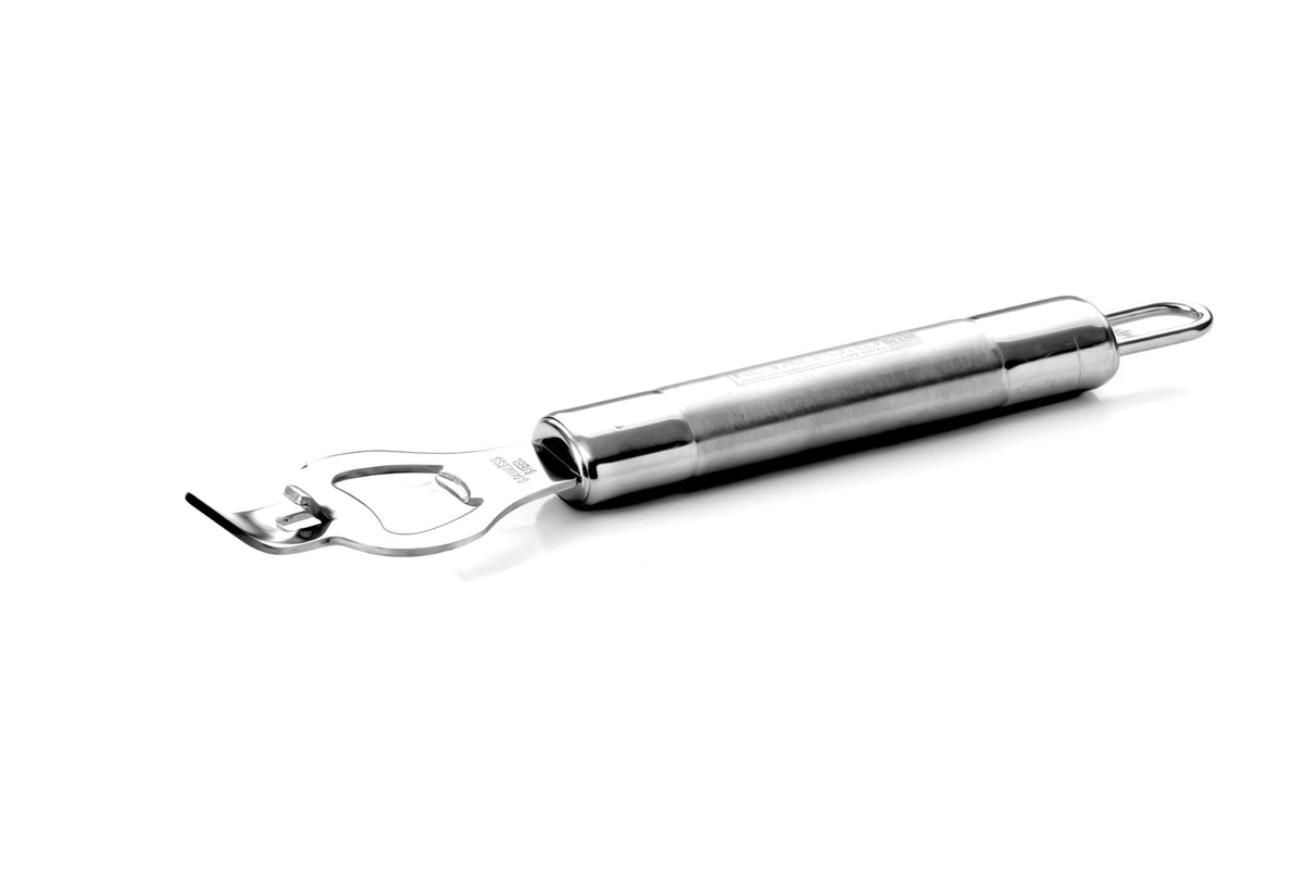 Stainless Steel Bottle Opener with Tube Handle | Multi-Function Church Key & Crown Cork Opener | Can Piercer with Ergonomic Grip & Hanging Loop | RF1185-BO