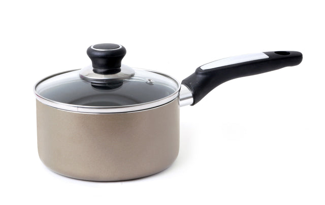 16cm Saucepan with Lid – Heat-Resistant Exterior, Non-Stick Coated Interior, Comfortable Handle, Tempered Glass Lid Gold 16cm