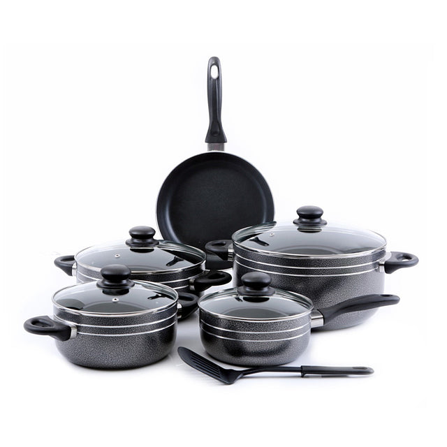10 Pcs Non Stick Cookware Set Strong Aluminium Body, 3 Layer Construction, Cd Bottom, Tempered Glass Lid With Steel Frame Black 28x14.5cm