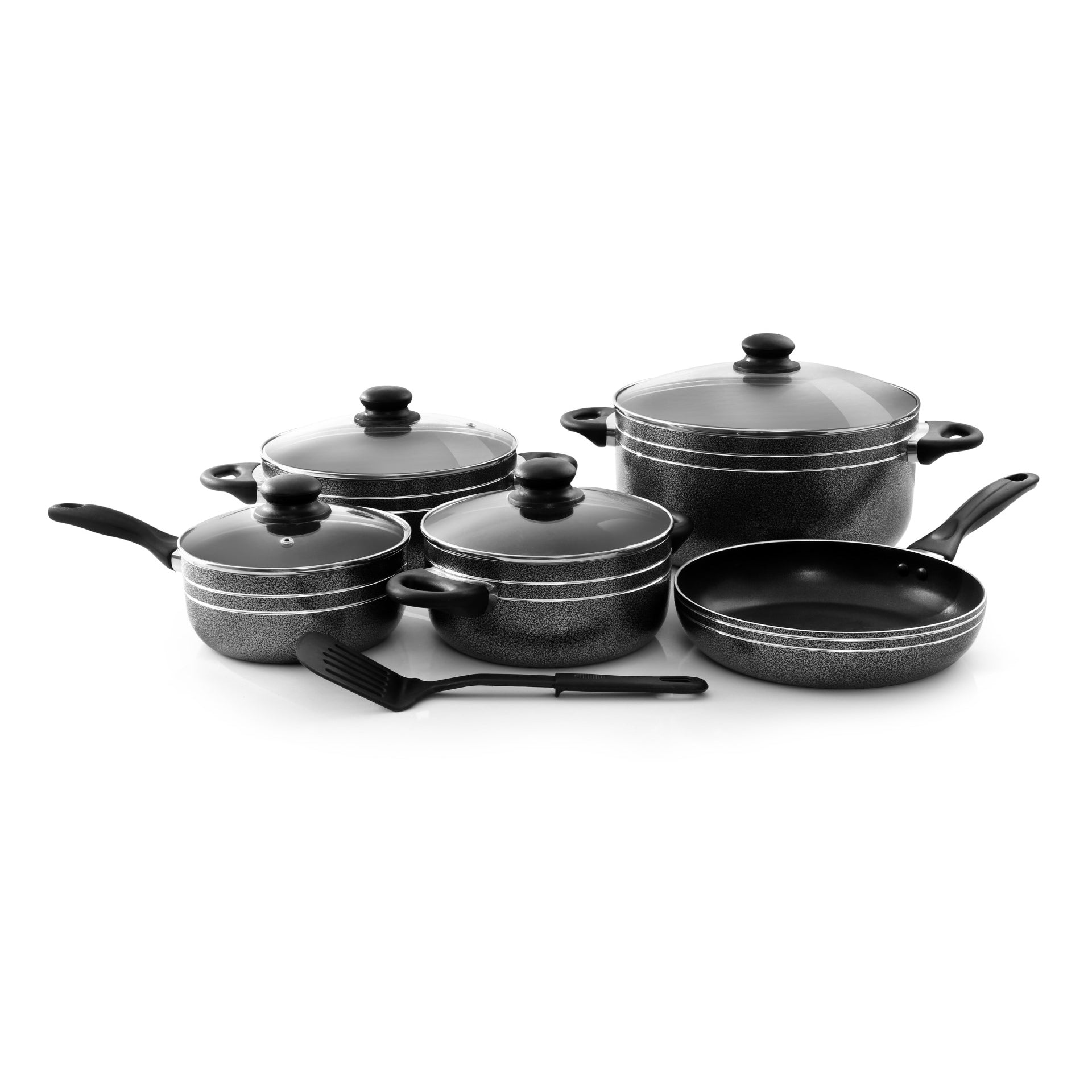 10 Pcs Non Stick Cookware Set Strong Aluminium Body, 3 Layer Construction, Cd Bottom, Tempered Glass Lid With Steel Frame Black 28x14.5cm