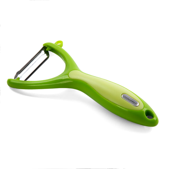 Royalford RF6113 Stainless Steel Y Peeler | Dual-Blade Vegetable & Fruit Peeler with Ergonomic Plastic Handle | Dishwasher Safe | White, Green & Orange