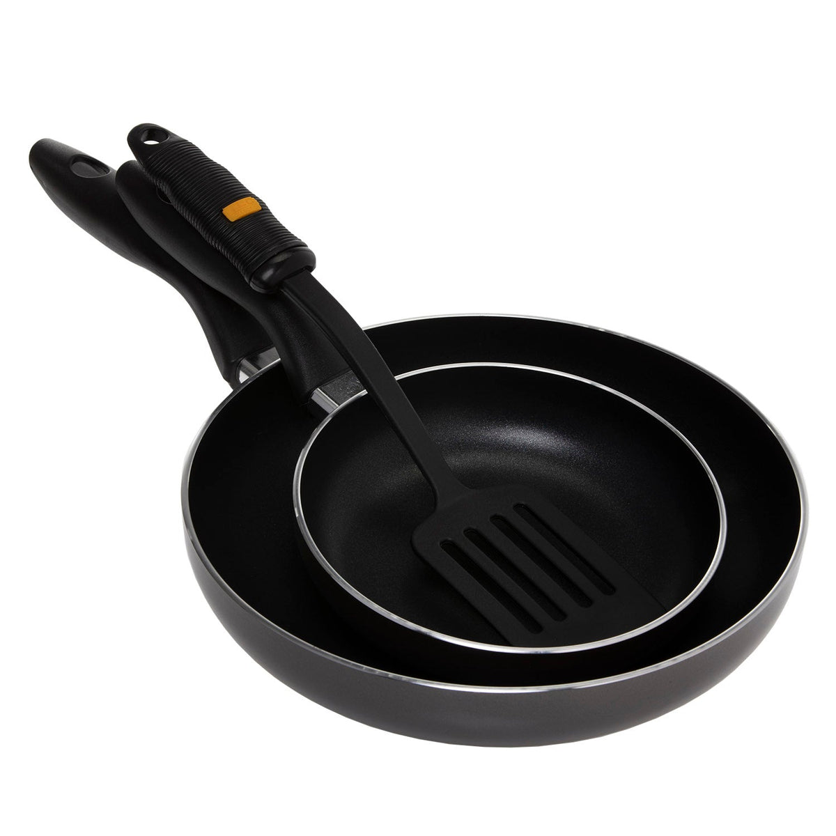 2-Piece Non-Stick Fry Pan Set – 18CM & 26CM Aluminium Frying Pans with Slotted Turner, Durable Granite Coating, Heat-Resistant Handles, Value Kitchenware Set for Sautéing, Frying & Everyday Cooking Black