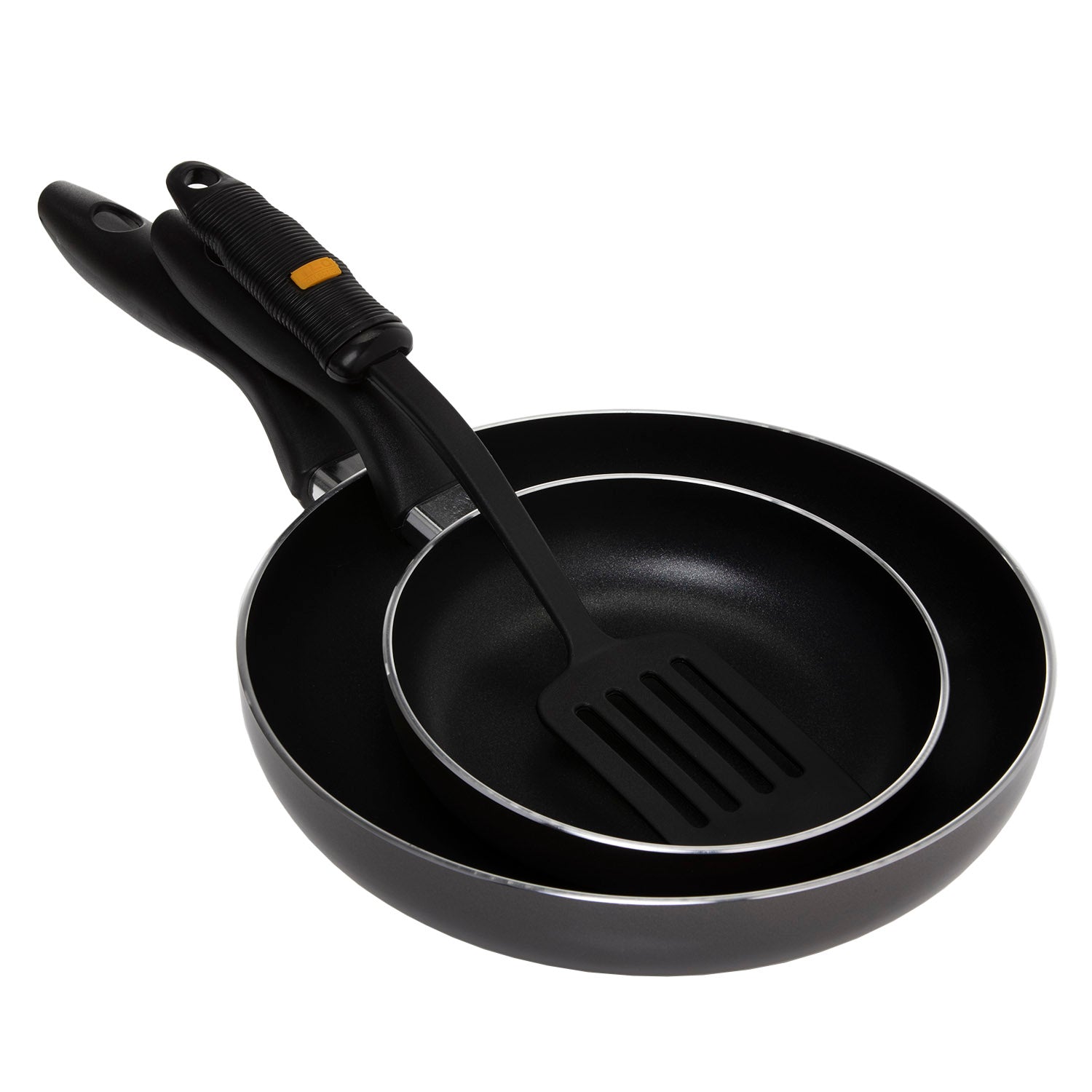 2-Piece Non-Stick Fry Pan Set – 18CM & 26CM Aluminium Frying Pans with Slotted Turner, Durable Granite Coating, Heat-Resistant Handles, Value Kitchenware Set for Sautéing, Frying & Everyday Cooking Black