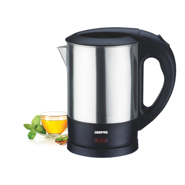 Geepas GK5418 Travel Electric Kettle – 1.0L Capacity, 1350W Fast Boil, Stainless Steel Body, Auto Shut-Off, Boil-Dry Protection, 360° Rotating Base