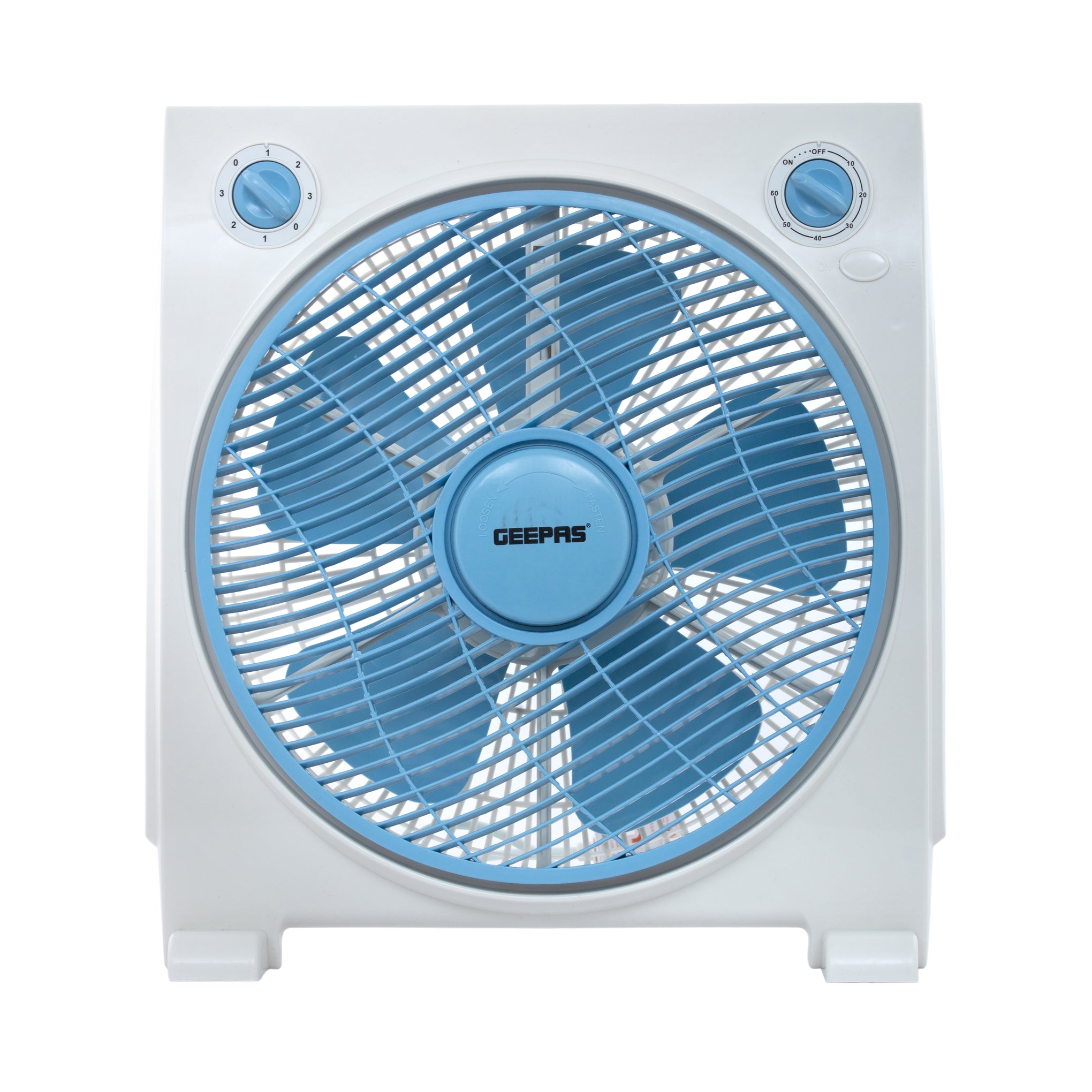 12 Inch Powerful Personal 3 Speed Box Fan with Copper Motor, Portable Desk Fan With  Fan Guard, Table Fan for Office and Home, 60 Minutes Timer GF21113N Blue, White