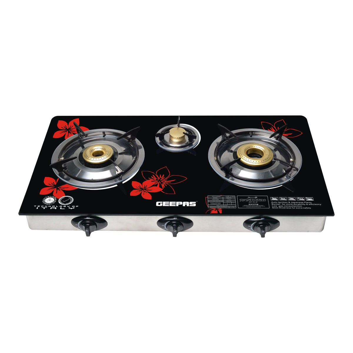 Gas Cooker, 8mm Tempered Glass Top, GK6759 | Triple Burner Gas Stove | Stainless Steel Frame & Tray | Japanese Piezo | Iron Mixing Tube, Piezo Ignition, Easy To Clean GK6759 Black