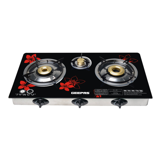 Gas Cooker, 8mm Tempered Glass Top, GK6759 | Triple Burner Gas Stove | Stainless Steel Frame & Tray | Japanese Piezo | Iron Mixing Tube, Piezo Ignition, Easy To Clean GK6759 Black