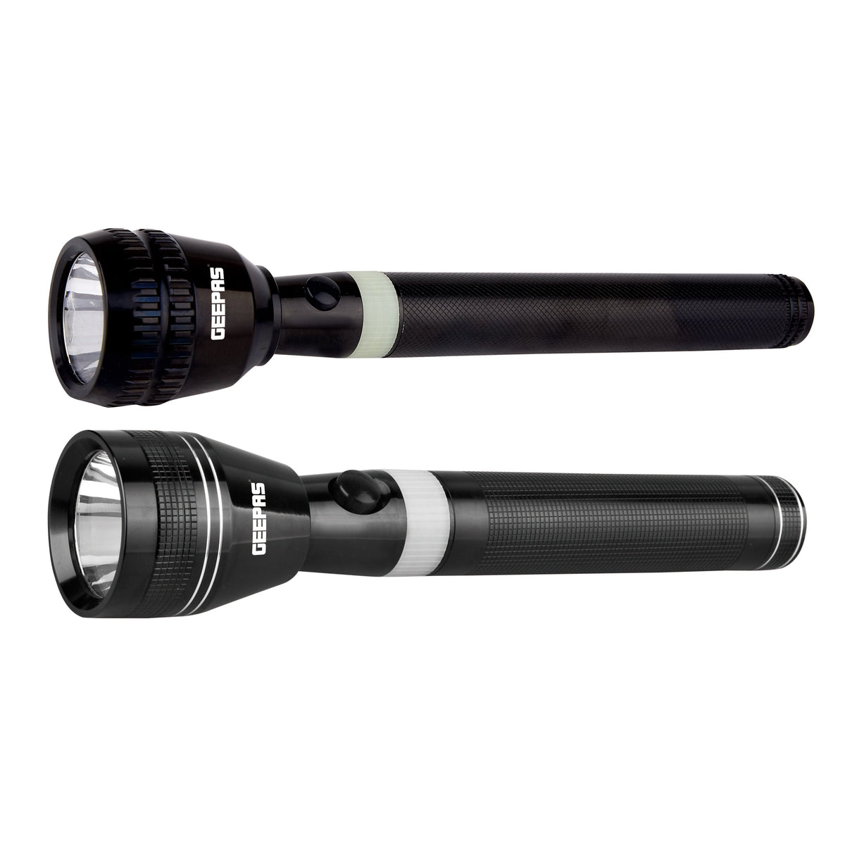 Rechargeable LED Flashlight, Pack of 2| Perfect for Indoor and Outdoor Use, 4 Hours Continuous Working| with Aircraft Aluminum Housing, Lithium Battery| Night Glow Rubber Ring, Resistant to Corrosion, Water and Shock| GFL4637N Black ‎7 x 29.4 x 19cm