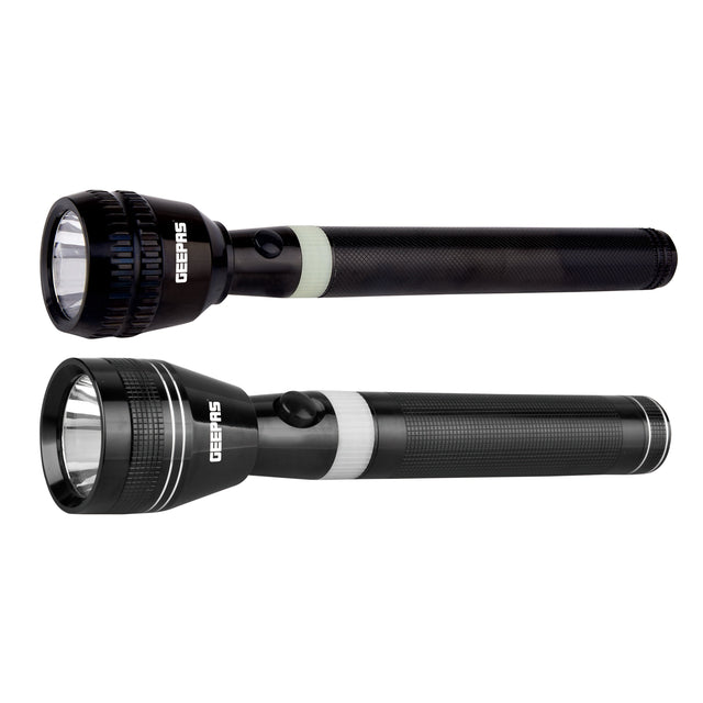Rechargeable LED Flashlight, Pack of 2| Perfect for Indoor and Outdoor Use, 4 Hours Continuous Working| with Aircraft Aluminum Housing, Lithium Battery| Night Glow Rubber Ring, Resistant to Corrosion, Water and Shock| GFL4637N Black ‎7 x 29.4 x 19cm